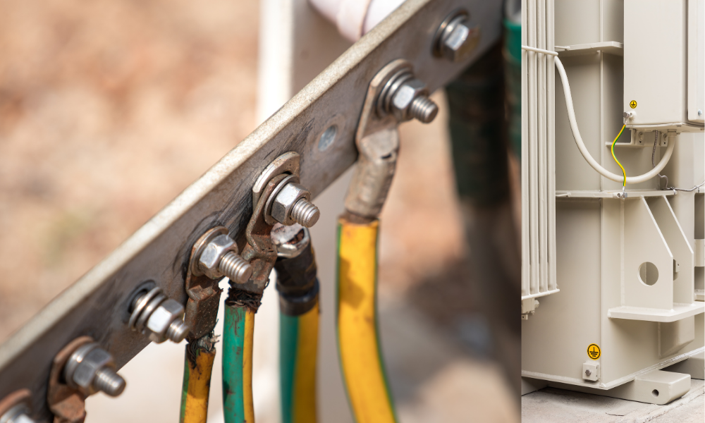 A close-up of an industrial earthing installation