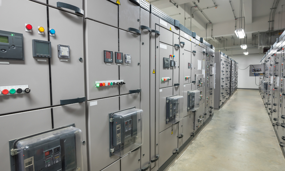 An open electrical control panel with circuit breakers