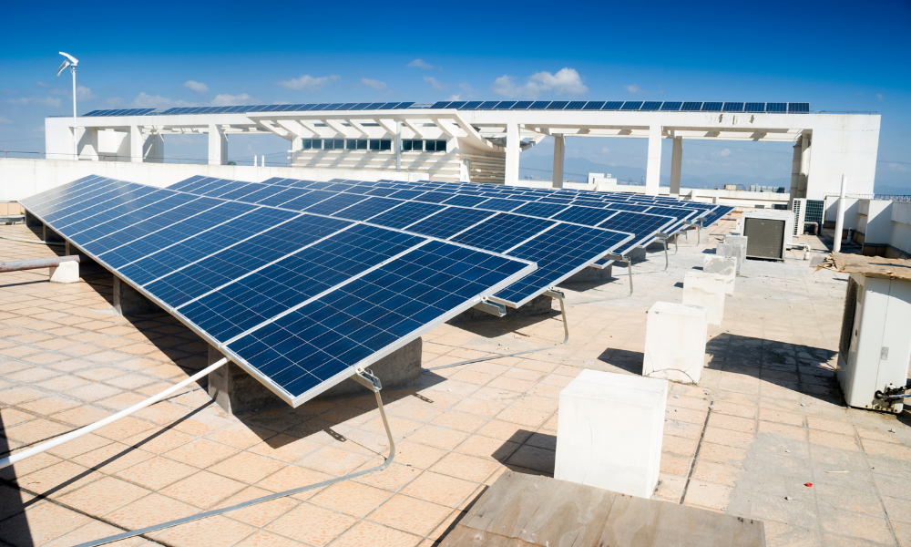 Solar panels on the roof of a commercial building